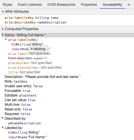 Ferramentas de Programação do Chrome exibindo o nome acessível da entrada do  e a descrição com o 